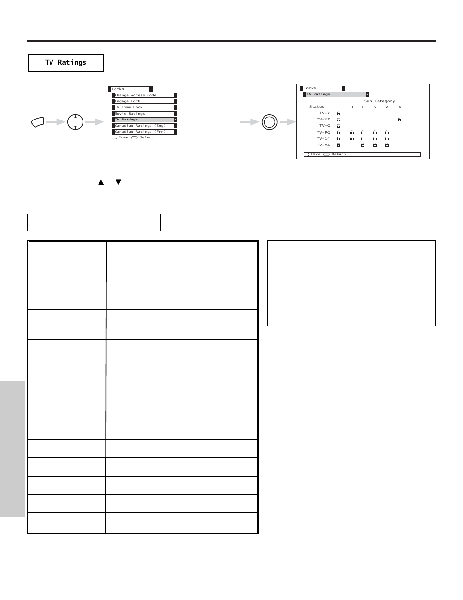 Locks, On-screen displa y, Tv-y tv-y7 tv-g tv-pg tv-14 tv-ma | Hitachi 50VX500 User Manual | Page 60 / 84