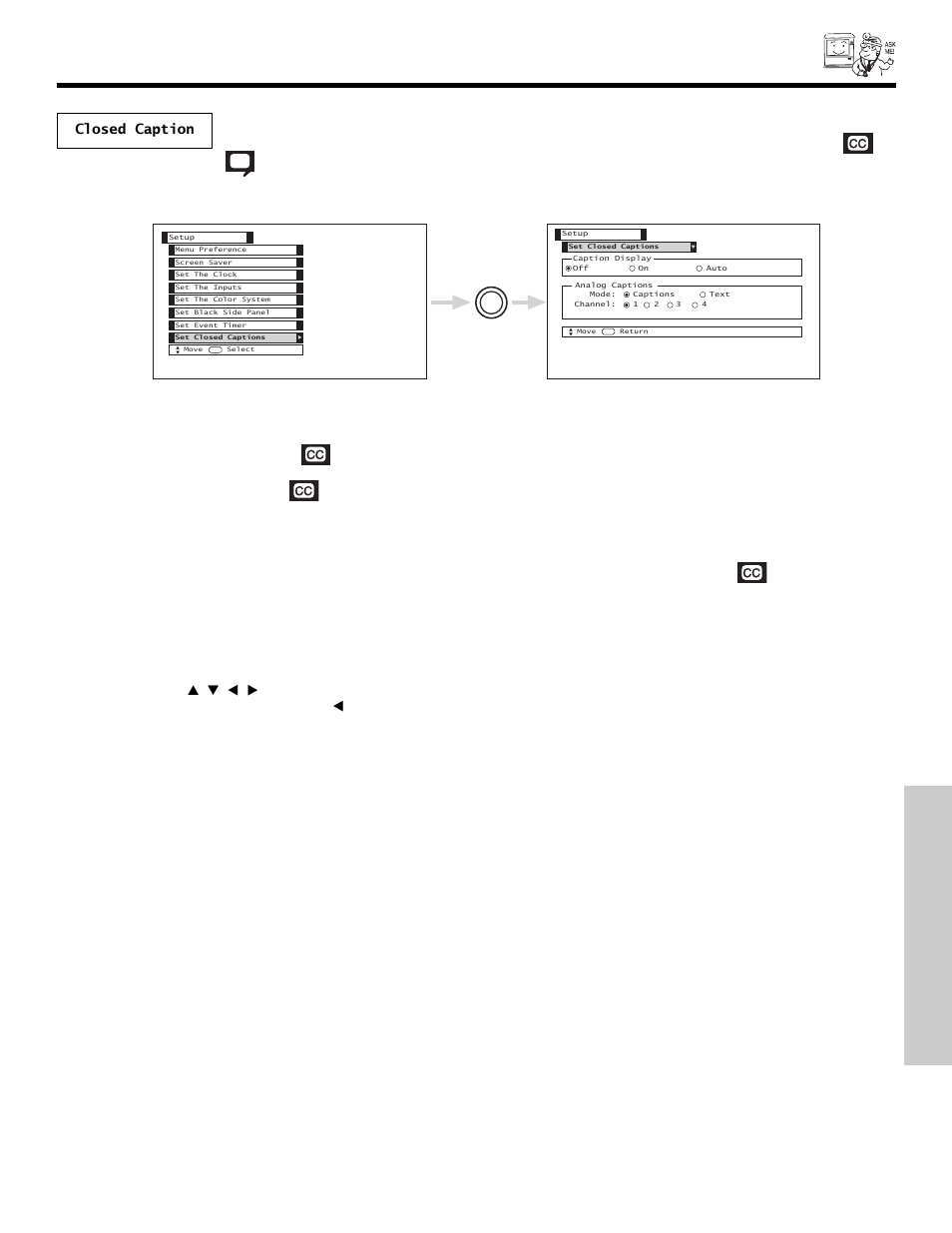 Setup, On-screen displa y, Closed caption | Hitachi 50VX500 User Manual | Page 69 / 84