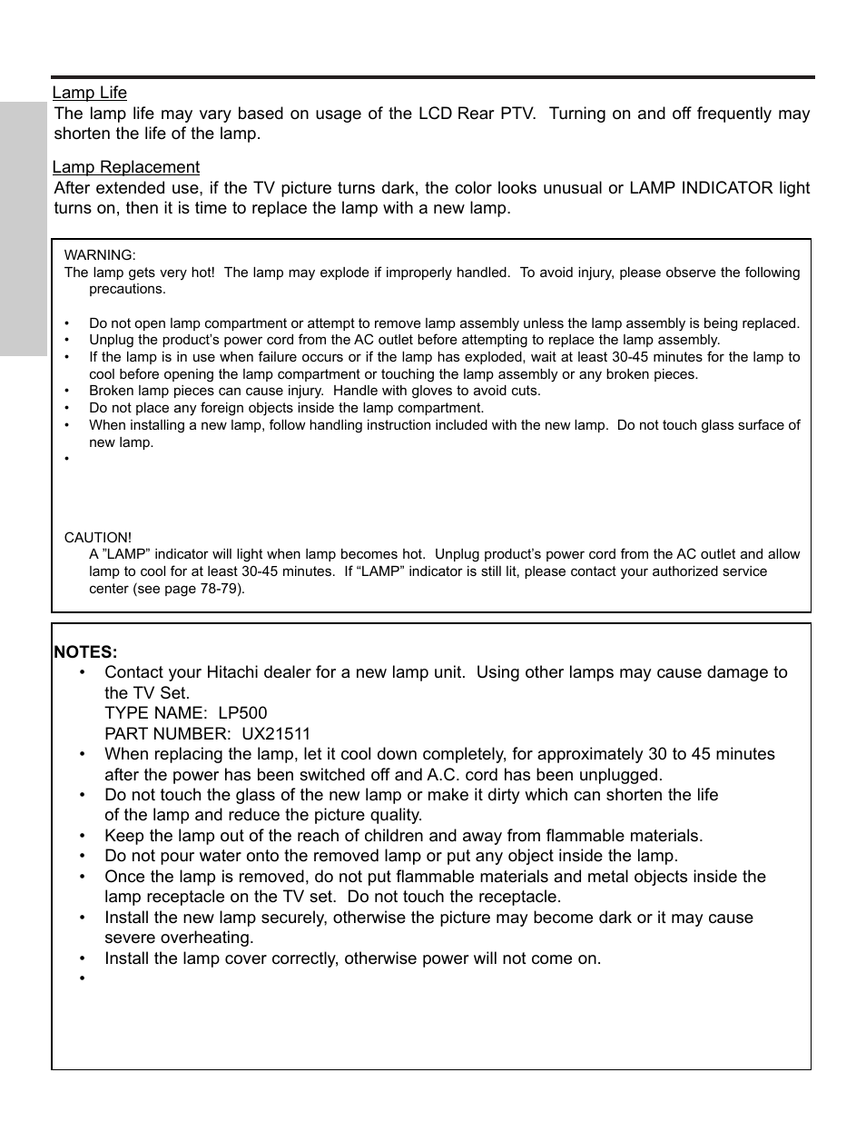 Lamp replacement | Hitachi 50VX500 User Manual | Page 70 / 84