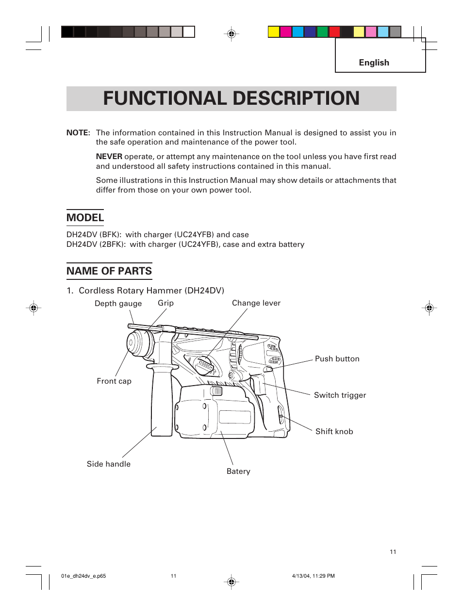 Functional description, Model, Name of parts | Hitachi DH 24DV User Manual | Page 11 / 88