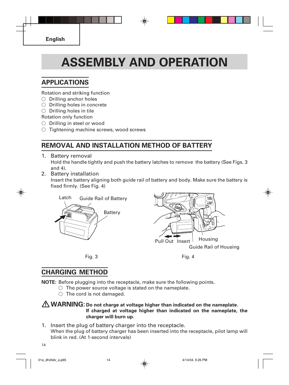 Assembly and operation, Applications, Removal and installation method of battery | Charging method, Warning | Hitachi DH 24DV User Manual | Page 14 / 88