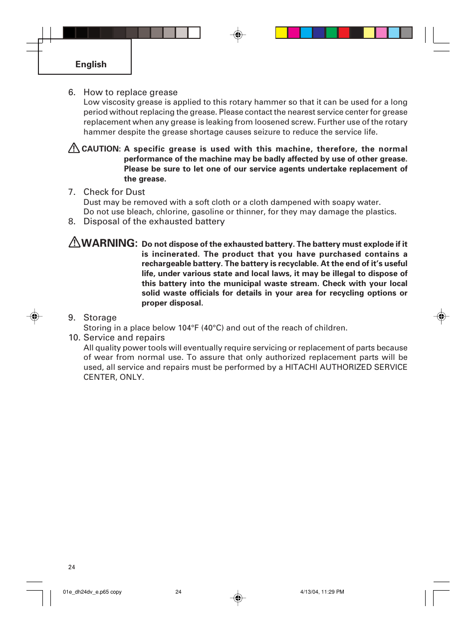 Warning | Hitachi DH 24DV User Manual | Page 24 / 88