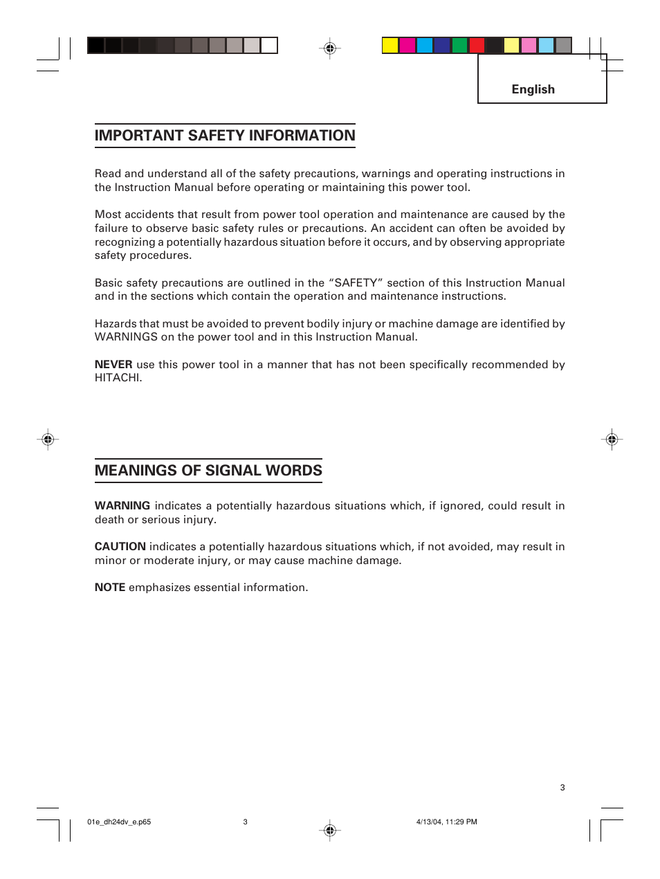 Important safety information, Meanings of signal words | Hitachi DH 24DV User Manual | Page 3 / 88