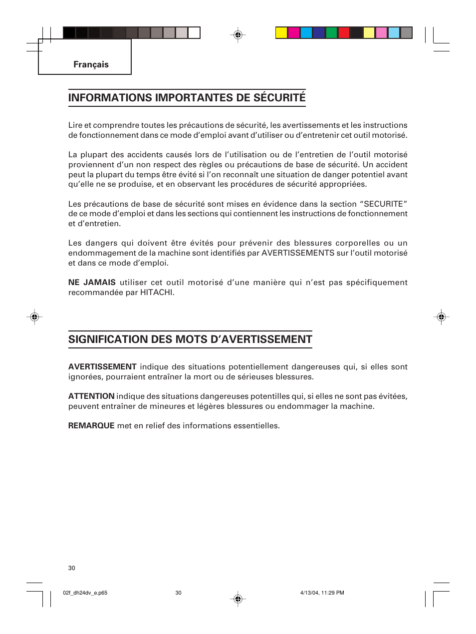 Informations importantes de sécurité, Signification des mots d’avertissement | Hitachi DH 24DV User Manual | Page 30 / 88