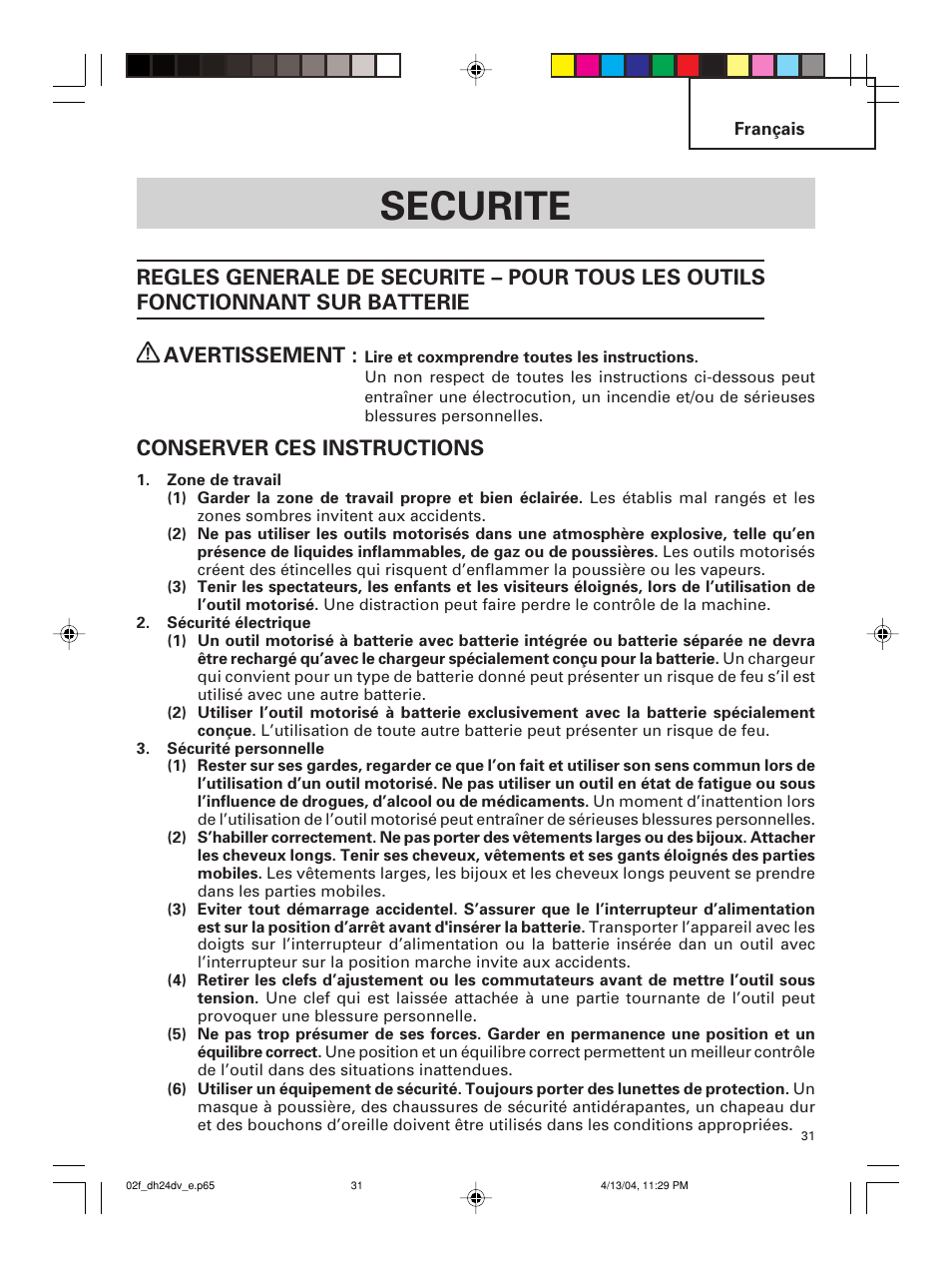 Securite, Conserver ces instructions | Hitachi DH 24DV User Manual | Page 31 / 88