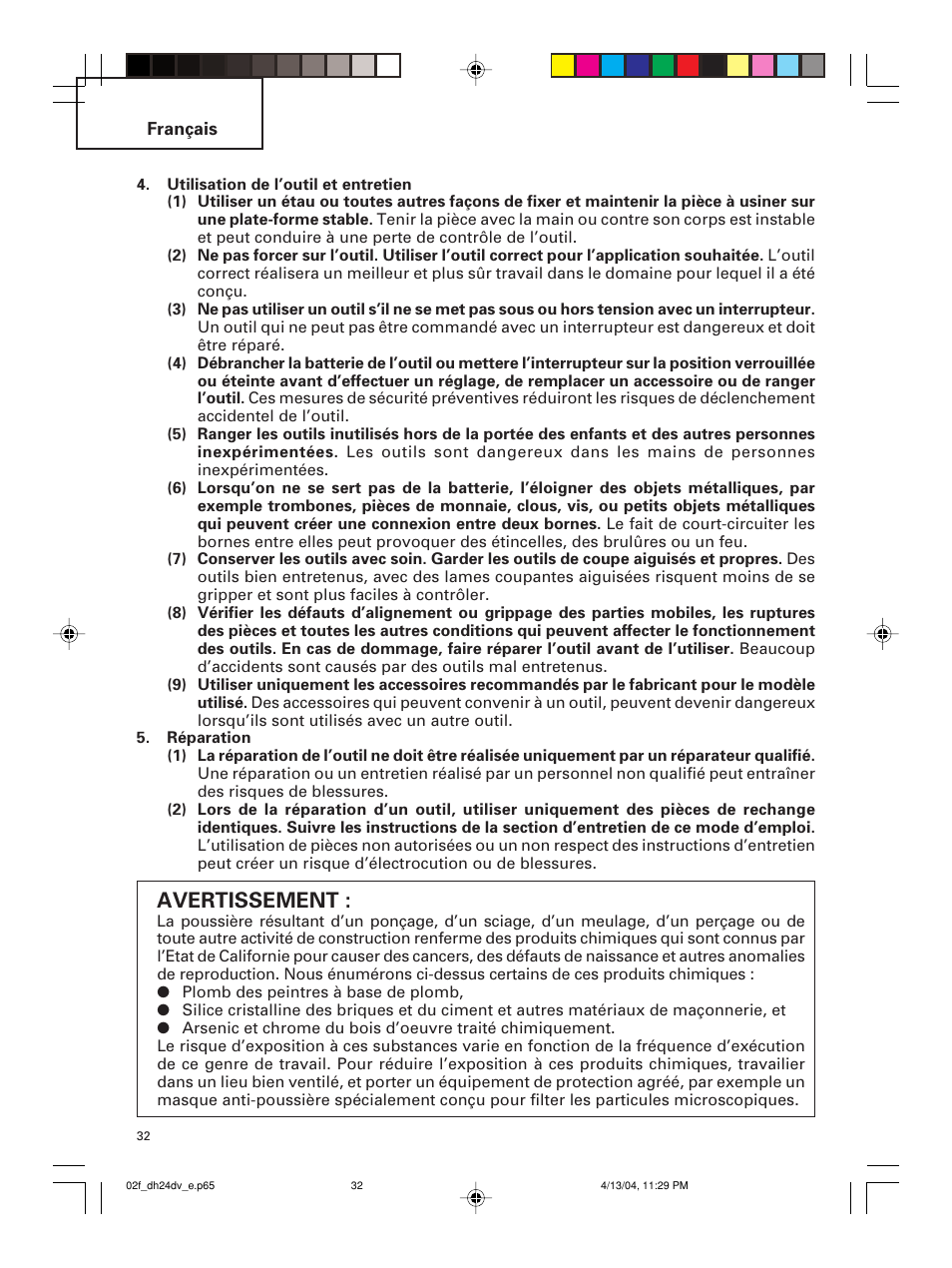 Avertissement | Hitachi DH 24DV User Manual | Page 32 / 88