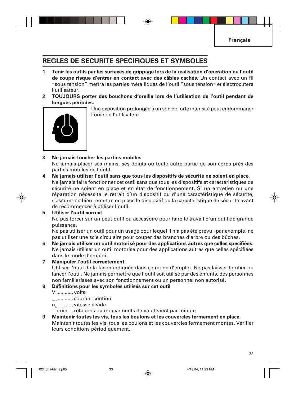 Regles de securite specifiques et symboles | Hitachi DH 24DV User Manual | Page 33 / 88