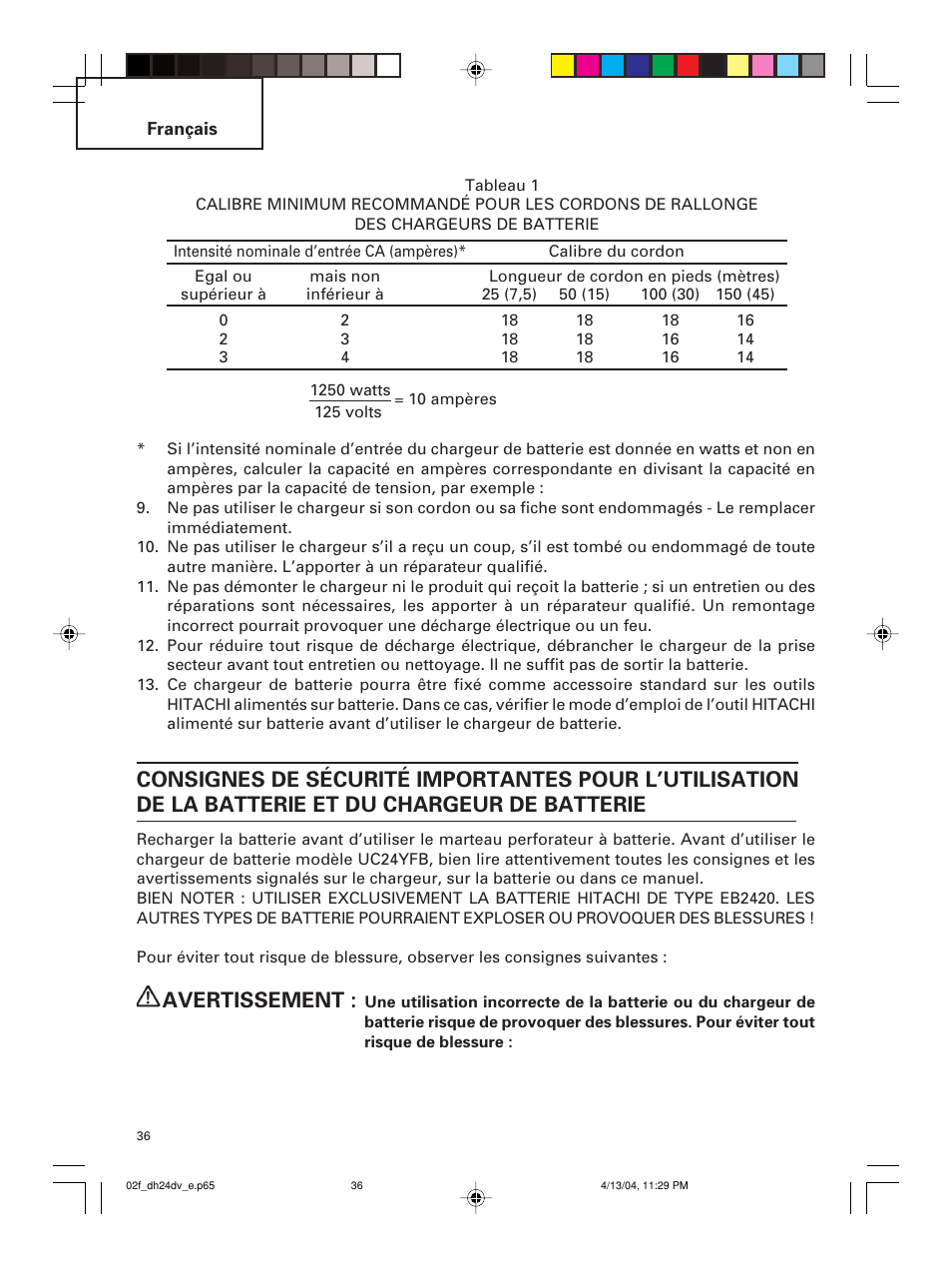 Avertissement | Hitachi DH 24DV User Manual | Page 36 / 88