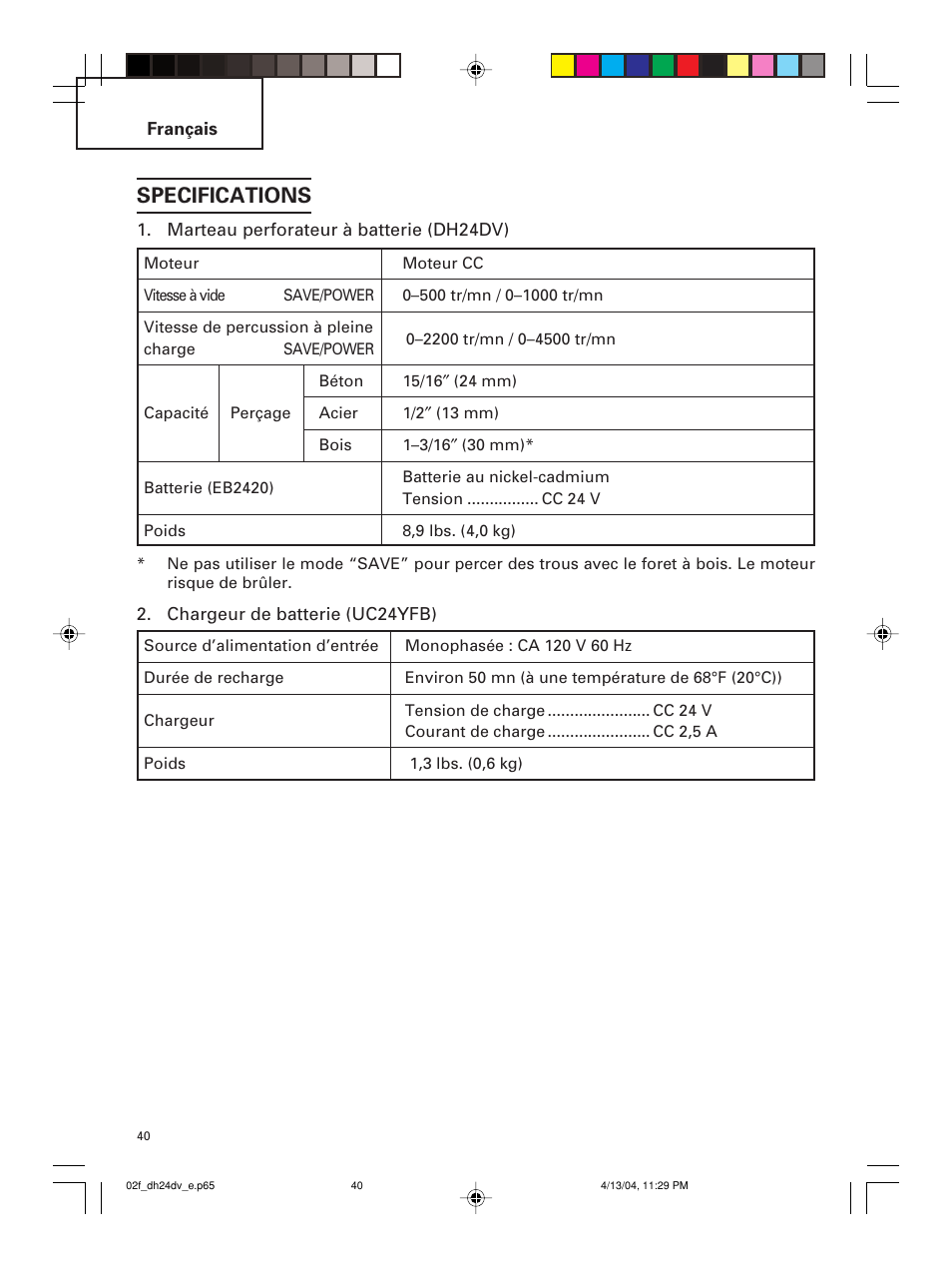 Specifications | Hitachi DH 24DV User Manual | Page 40 / 88
