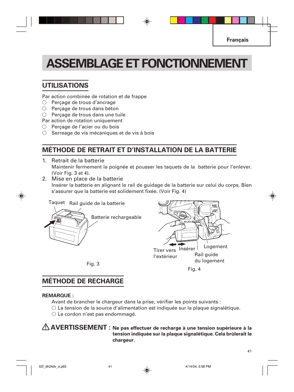Assemblage et fonctionnement, Utilisations, Méthode de recharge | Avertissement | Hitachi DH 24DV User Manual | Page 41 / 88