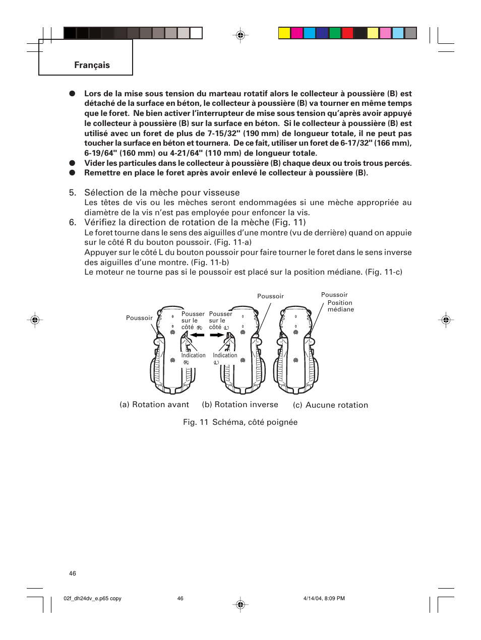 Français, Sélection de la mèche pour visseuse | Hitachi DH 24DV User Manual | Page 46 / 88