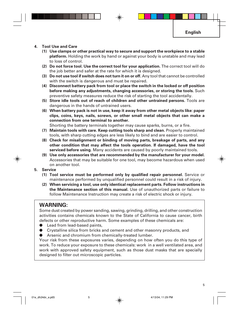 Warning | Hitachi DH 24DV User Manual | Page 5 / 88