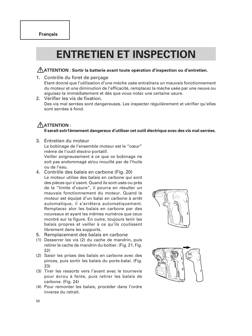Entretien et inspection | Hitachi DH 24DV User Manual | Page 50 / 88
