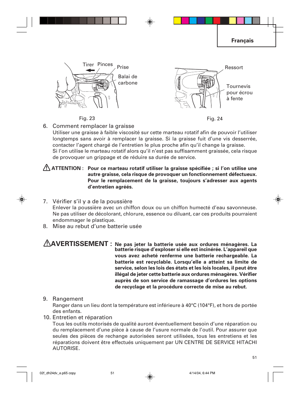 Avertissement | Hitachi DH 24DV User Manual | Page 51 / 88