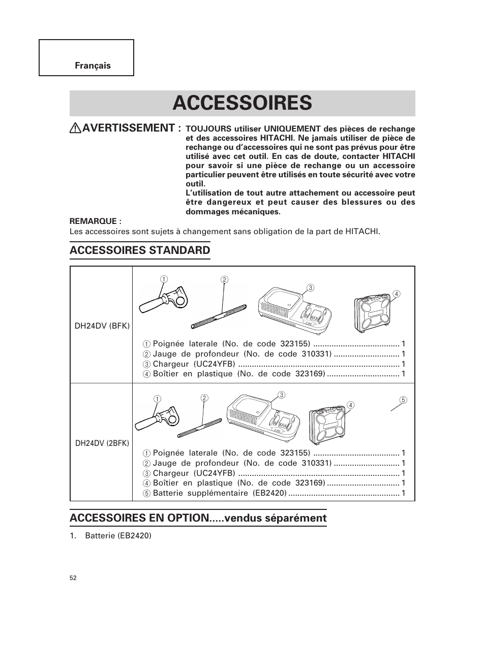 Accessoires, Avertissement | Hitachi DH 24DV User Manual | Page 52 / 88