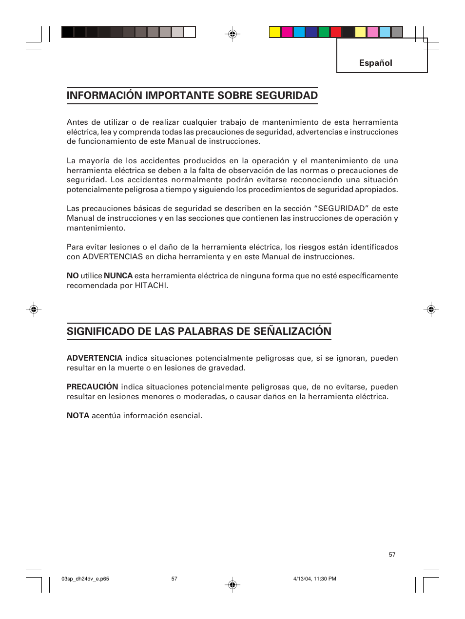 Información importante sobre seguridad, Significado de las palabras de señalización | Hitachi DH 24DV User Manual | Page 57 / 88