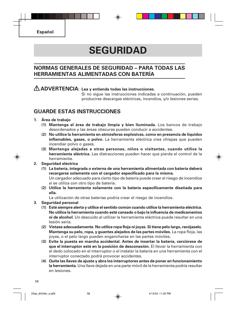 Seguridad, Guarde estas instrucciones | Hitachi DH 24DV User Manual | Page 58 / 88