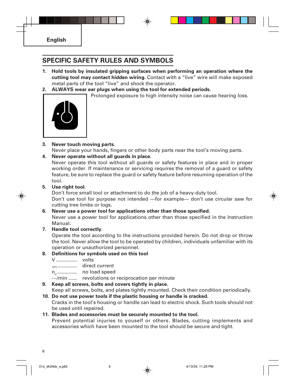 Specific safety rules and symbols | Hitachi DH 24DV User Manual | Page 6 / 88