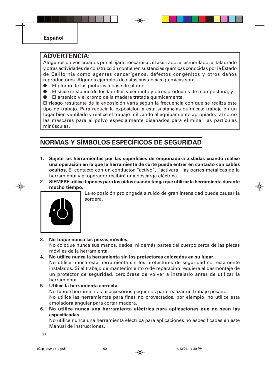 Advertencia, Normas y símbolos específicos de seguridad | Hitachi DH 24DV User Manual | Page 60 / 88
