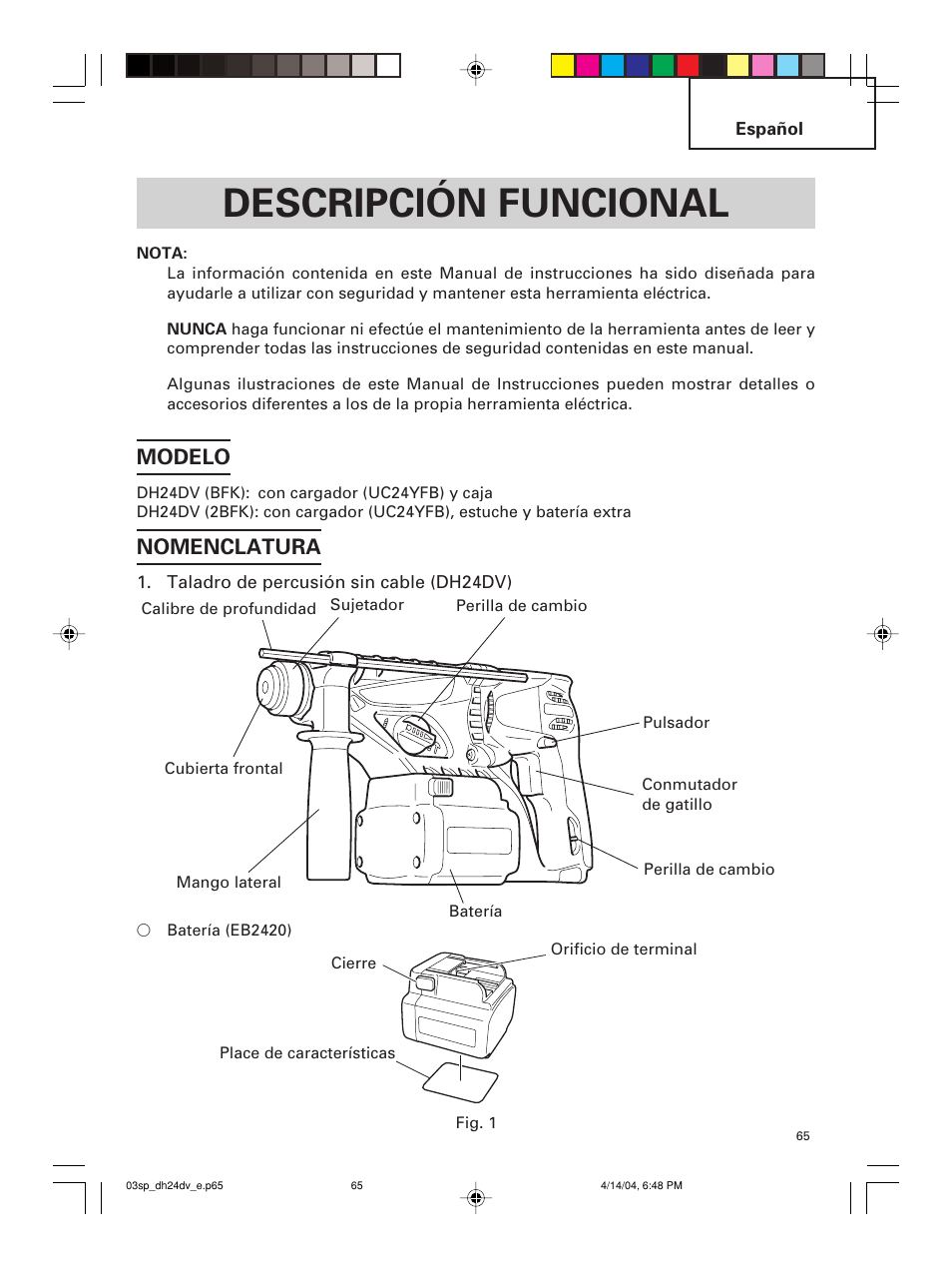 Descripción funcional, Modelo, Nomenclatura | Hitachi DH 24DV User Manual | Page 65 / 88