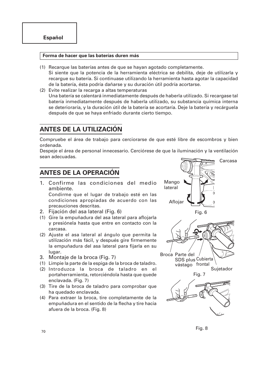 Antes de la utilización, Antes de la operación | Hitachi DH 24DV User Manual | Page 70 / 88