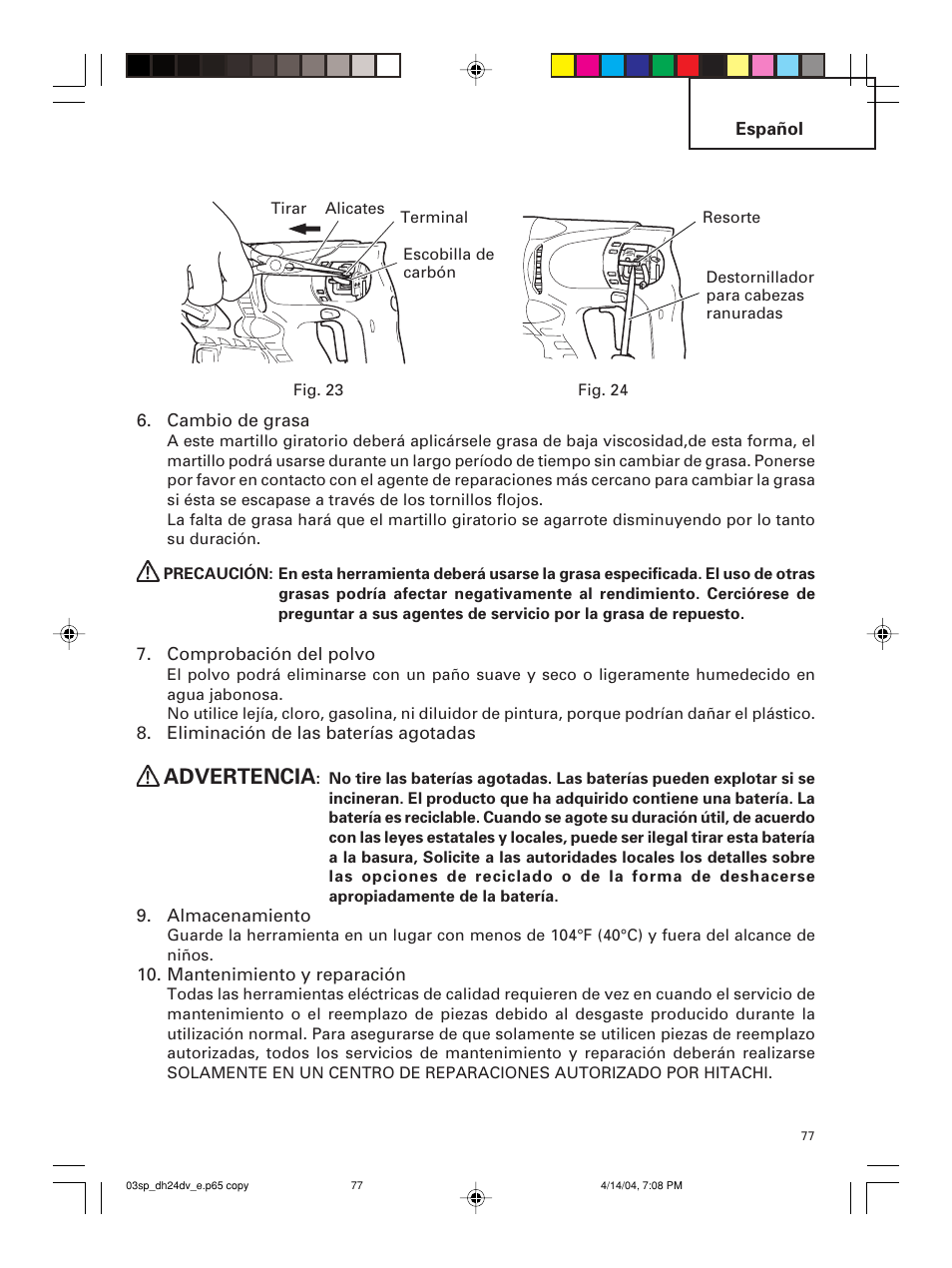 Advertencia | Hitachi DH 24DV User Manual | Page 77 / 88