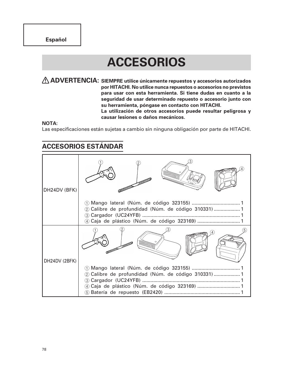 Accesorios, Advertencia, Accesorios estándar | Hitachi DH 24DV User Manual | Page 78 / 88