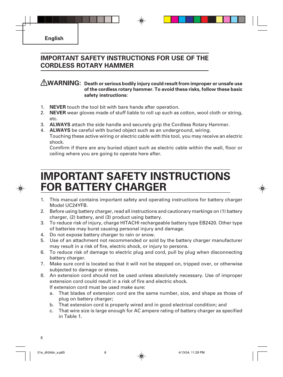 Important safety instructions for battery charger | Hitachi DH 24DV User Manual | Page 8 / 88