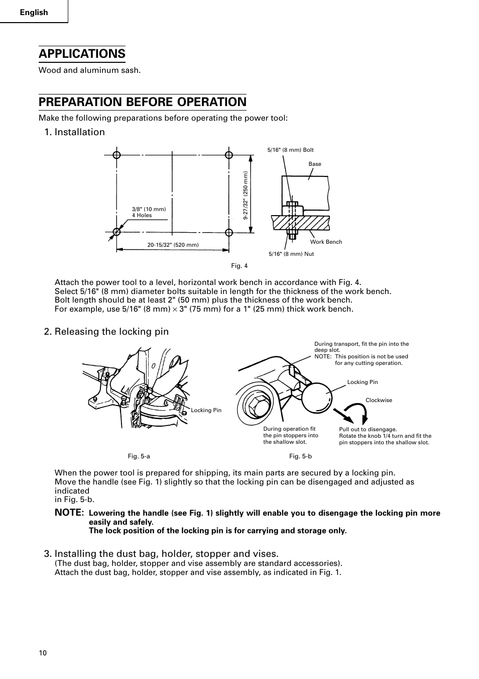 Applications, Preparation before operation, Installation | Releasing the locking pin, Installing the dust bag, holder, stopper and vises | Hitachi C 15FB User Manual | Page 10 / 54
