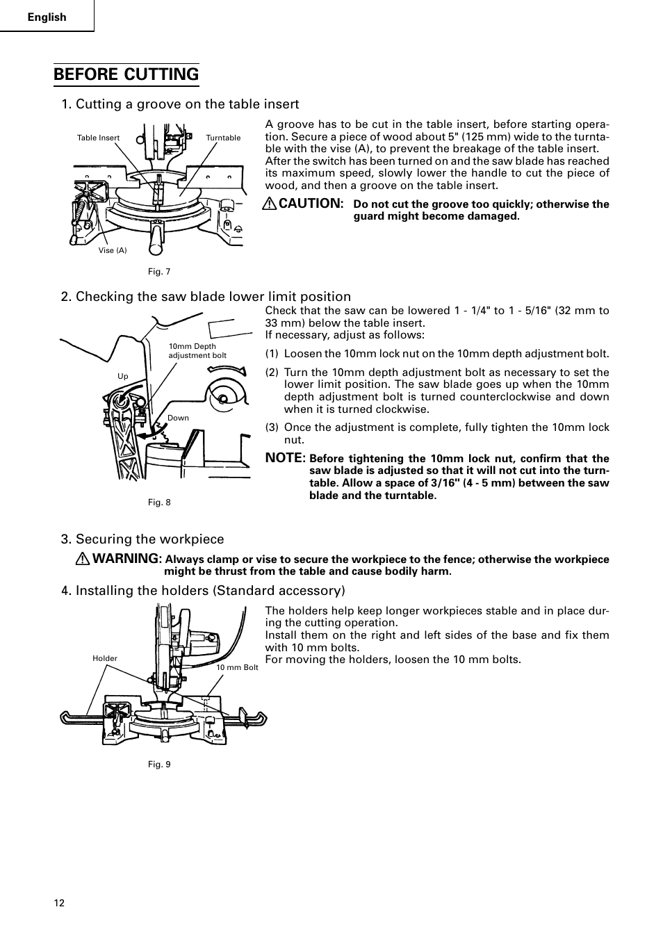 Before cutting, Cutting a groove on the table insert, Caution | Checking the saw blade lower limit position, Securing the workpiece warning, Installing the holders (standard accessory) | Hitachi C 15FB User Manual | Page 12 / 54