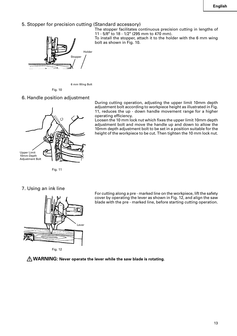 Stopper for precision cutting (standard accessory), Handle position adjustment, Using an ink line | Warning | Hitachi C 15FB User Manual | Page 13 / 54
