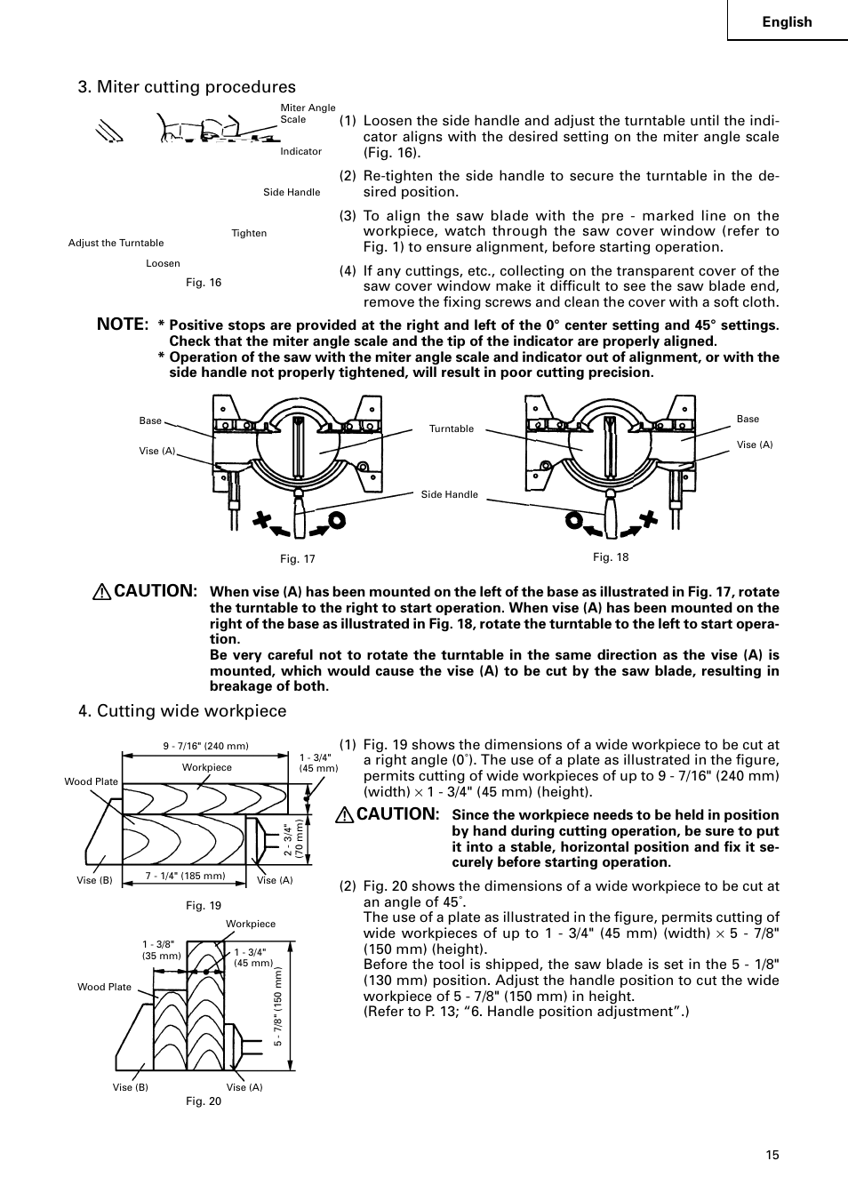 Miter cutting procedures, Caution, Cutting wide workpiece | Hitachi C 15FB User Manual | Page 15 / 54