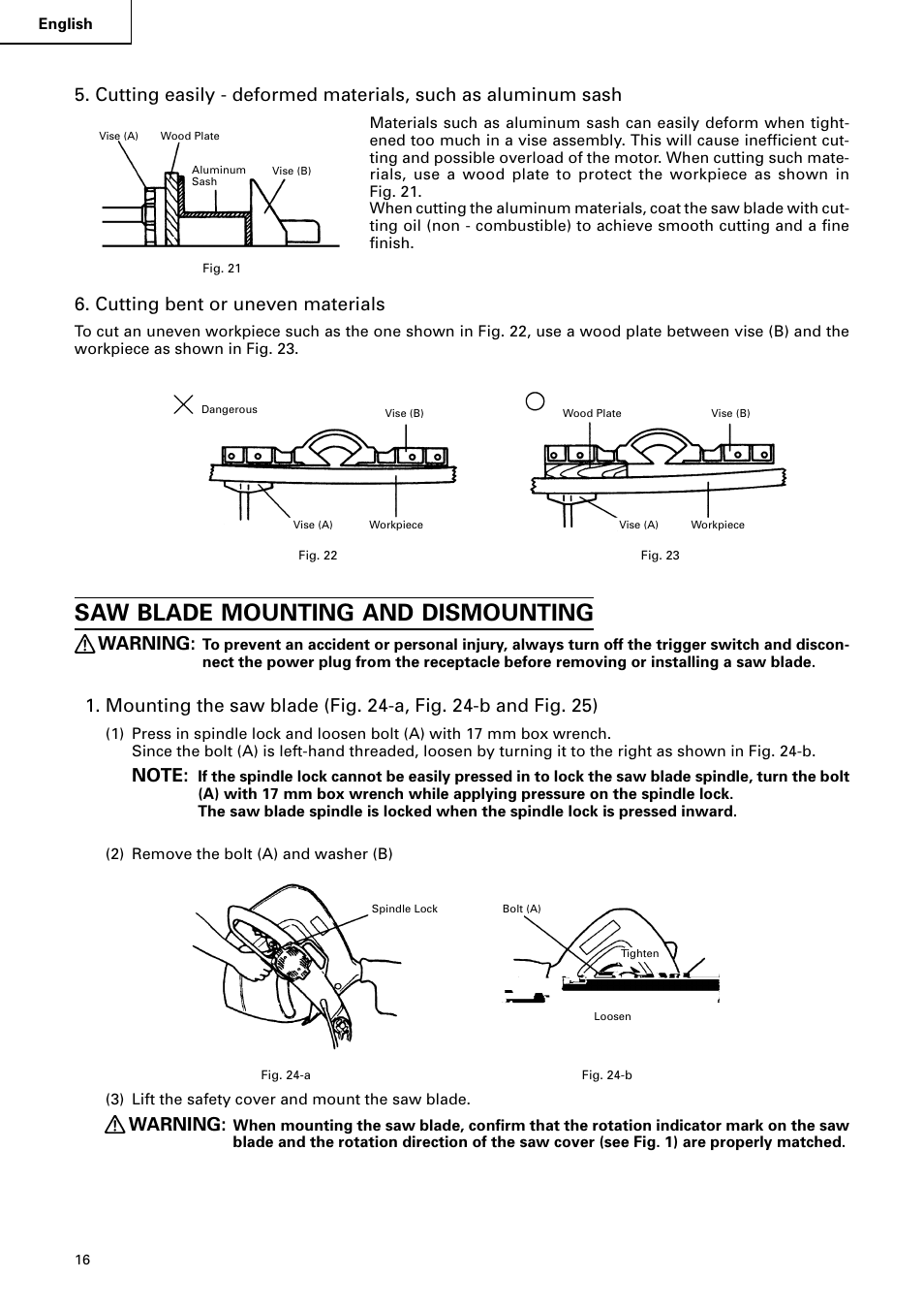 Saw blade mounting and dismounting, Warning, Cutting bent or uneven materials | Hitachi C 15FB User Manual | Page 16 / 54