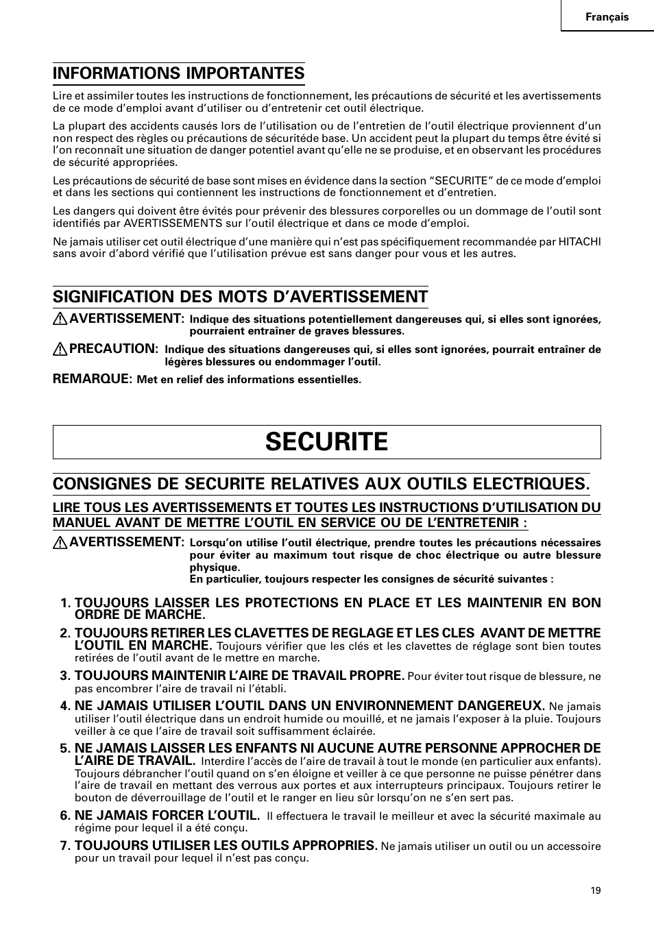 Securite, Informations importantes, Signification des mots d’avertissement | Hitachi C 15FB User Manual | Page 19 / 54