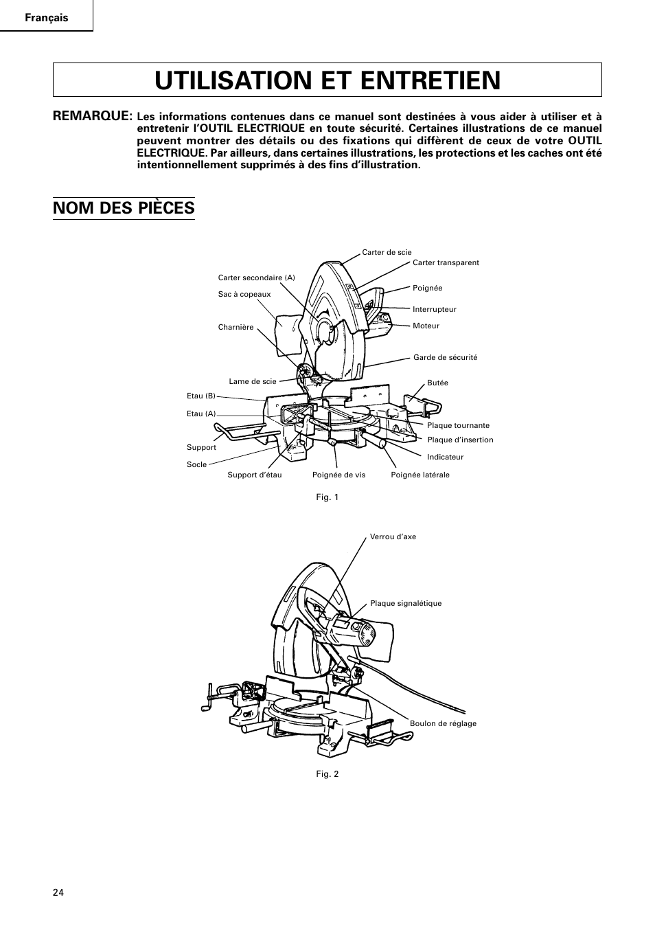 Utilisation et entretien, Nom des pièces, Remarque | Hitachi C 15FB User Manual | Page 24 / 54