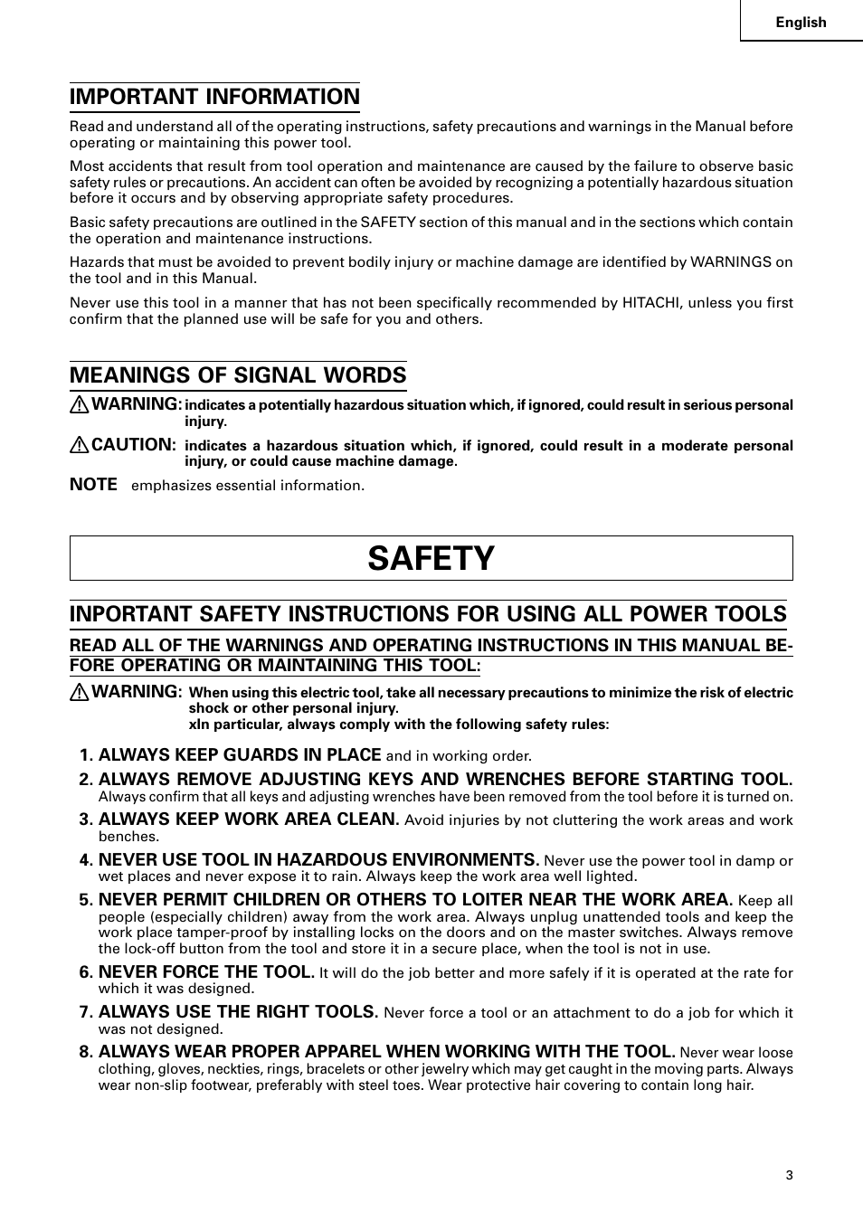 Safety, Important information, Meanings of signal words | Hitachi C 15FB User Manual | Page 3 / 54