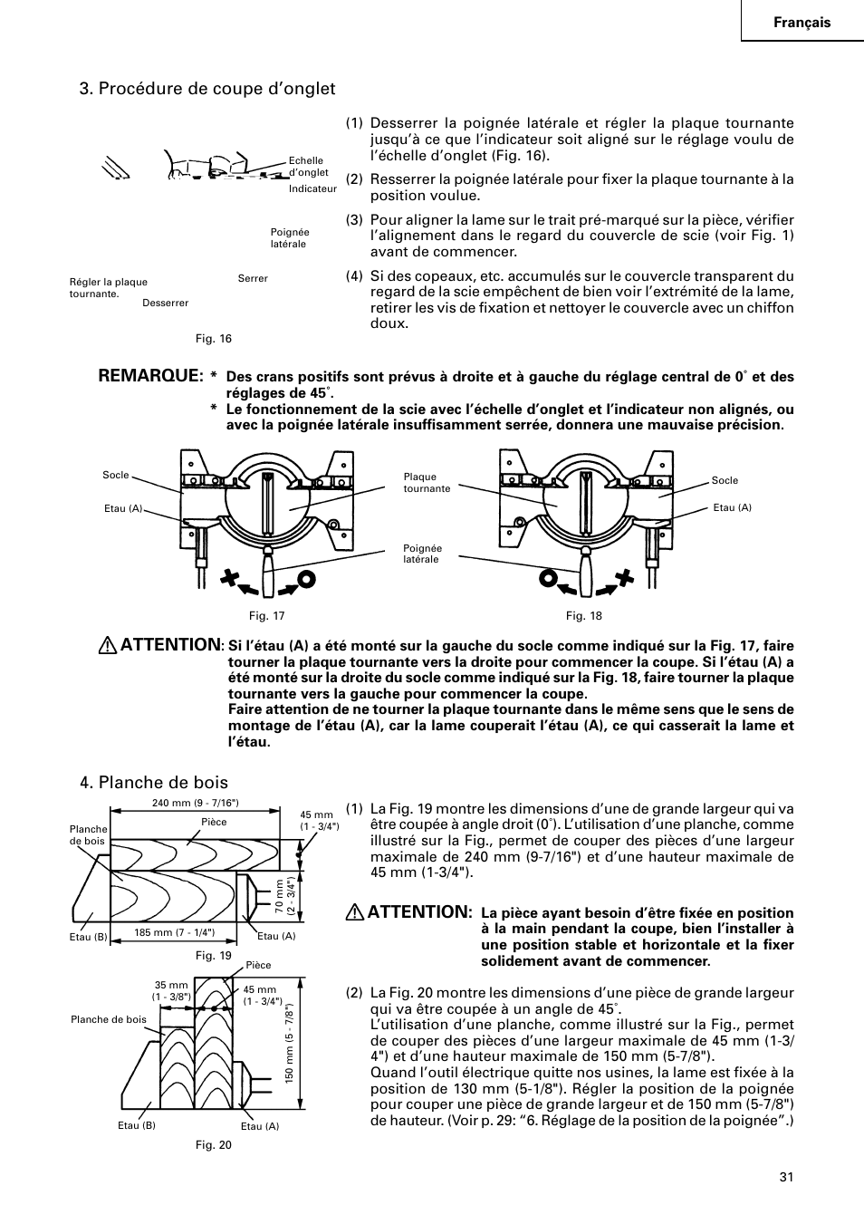 Procédure de coupe d’onglet, Remarque, Attention | Planche de bois | Hitachi C 15FB User Manual | Page 31 / 54