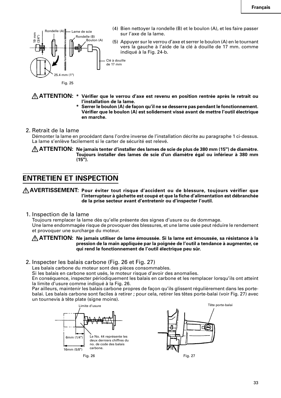 Entretien et inspection, Attention, Retrait de la lame | Avertissement, Inspection de la lame, Inspecter les balais carbone (fig. 26 et fig. 27) | Hitachi C 15FB User Manual | Page 33 / 54