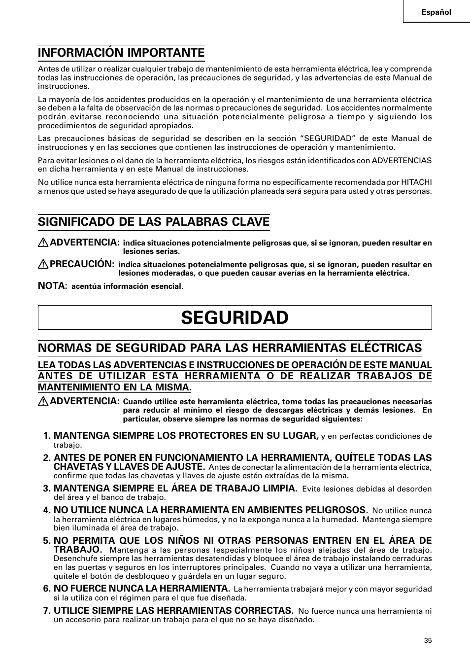 Seguridad, Información importante, Significado de las palabras clave | Hitachi C 15FB User Manual | Page 35 / 54