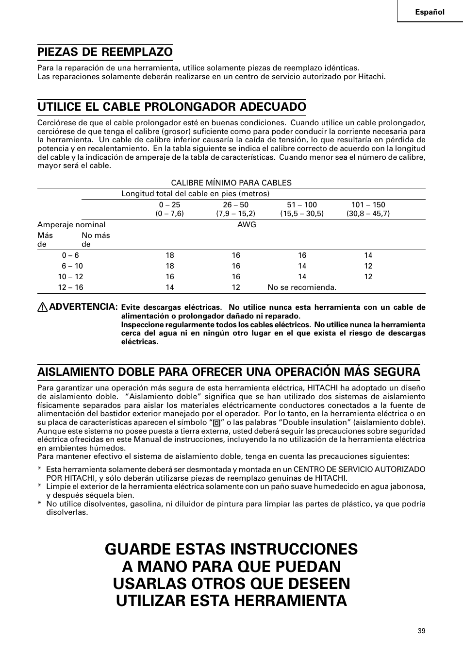 Piezas de reemplazo, Utilice el cable prolongador adecuado | Hitachi C 15FB User Manual | Page 39 / 54