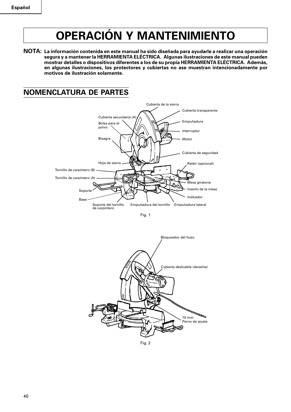 Operación y mantenimiento, Nomenclatura de partes, Nota | Hitachi C 15FB User Manual | Page 40 / 54