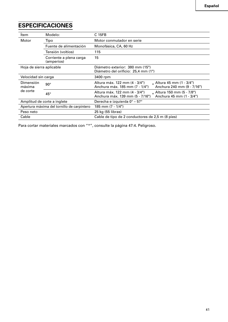 Especificaciones | Hitachi C 15FB User Manual | Page 41 / 54