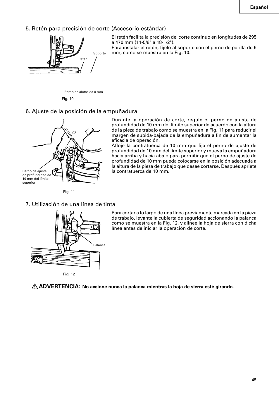 Retén para precisión de corte (accesorio estándar), Ajuste de la posición de la empuñadura, Utilización de una línea de tinta | Advertencia | Hitachi C 15FB User Manual | Page 45 / 54