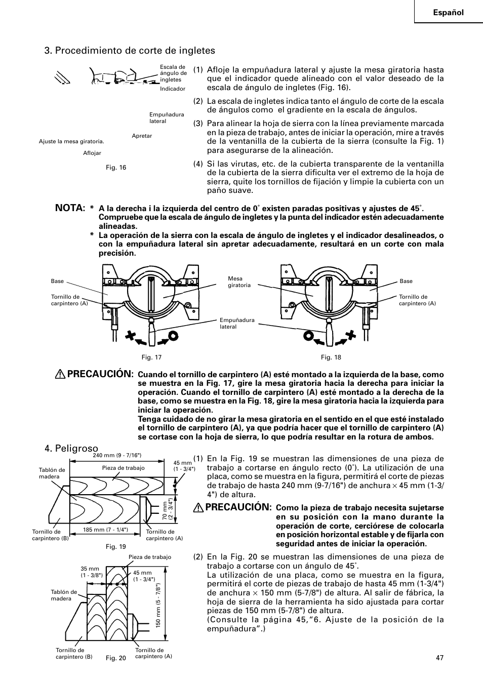 Procedimiento de corte de ingletes, Nota, Precaución | Peligroso | Hitachi C 15FB User Manual | Page 47 / 54