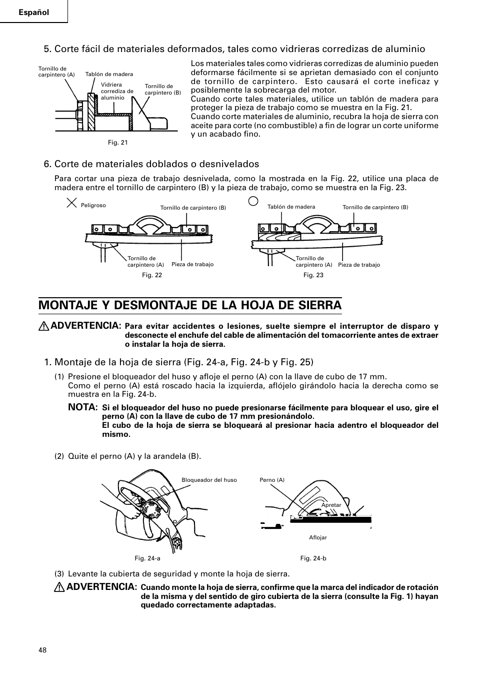 Montaje y desmontaje de la hoja de sierra, Corte de materiales doblados o desnivelados, Advertencia | Nota | Hitachi C 15FB User Manual | Page 48 / 54