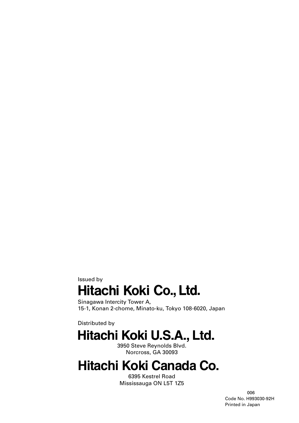 Hitachi koki canada co | Hitachi C 15FB User Manual | Page 54 / 54