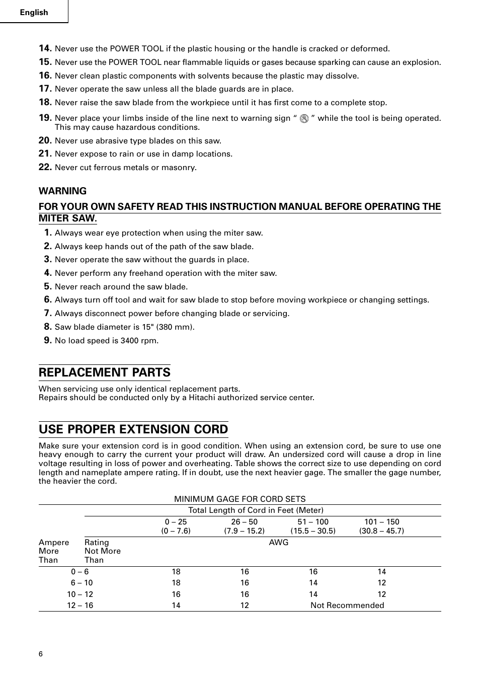 Replacement parts, Use proper extension cord | Hitachi C 15FB User Manual | Page 6 / 54