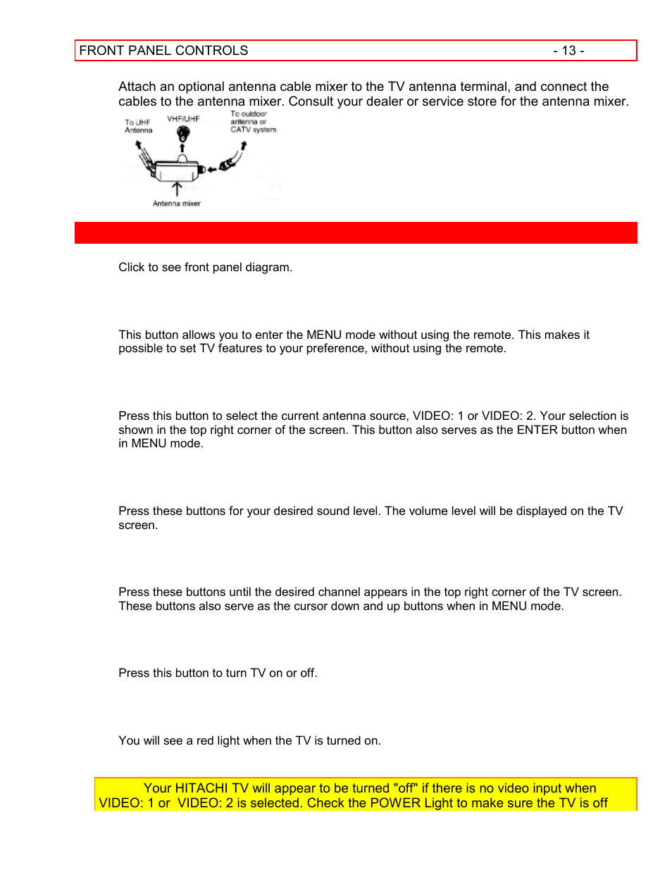 Front panel controls, Menu button, Avx (audio/video) selector | Volume level, Channel selector, Power button, Power light | Hitachi 55EX15K User Manual | Page 13 / 44