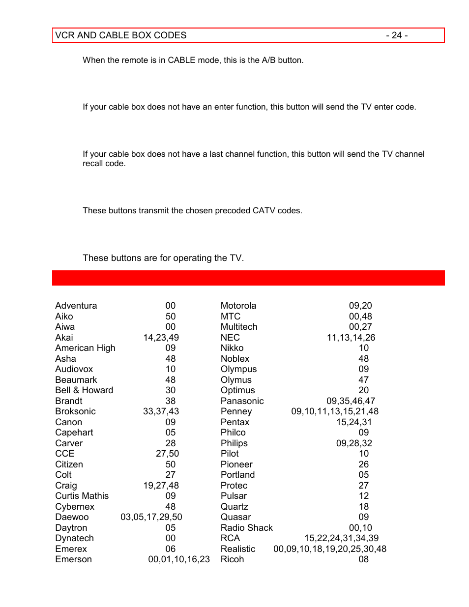 Enter button, Recall button, Precoded for cable box | Exclusive tv buttons, Vcr and cable box codes | Hitachi 55EX15K User Manual | Page 24 / 44