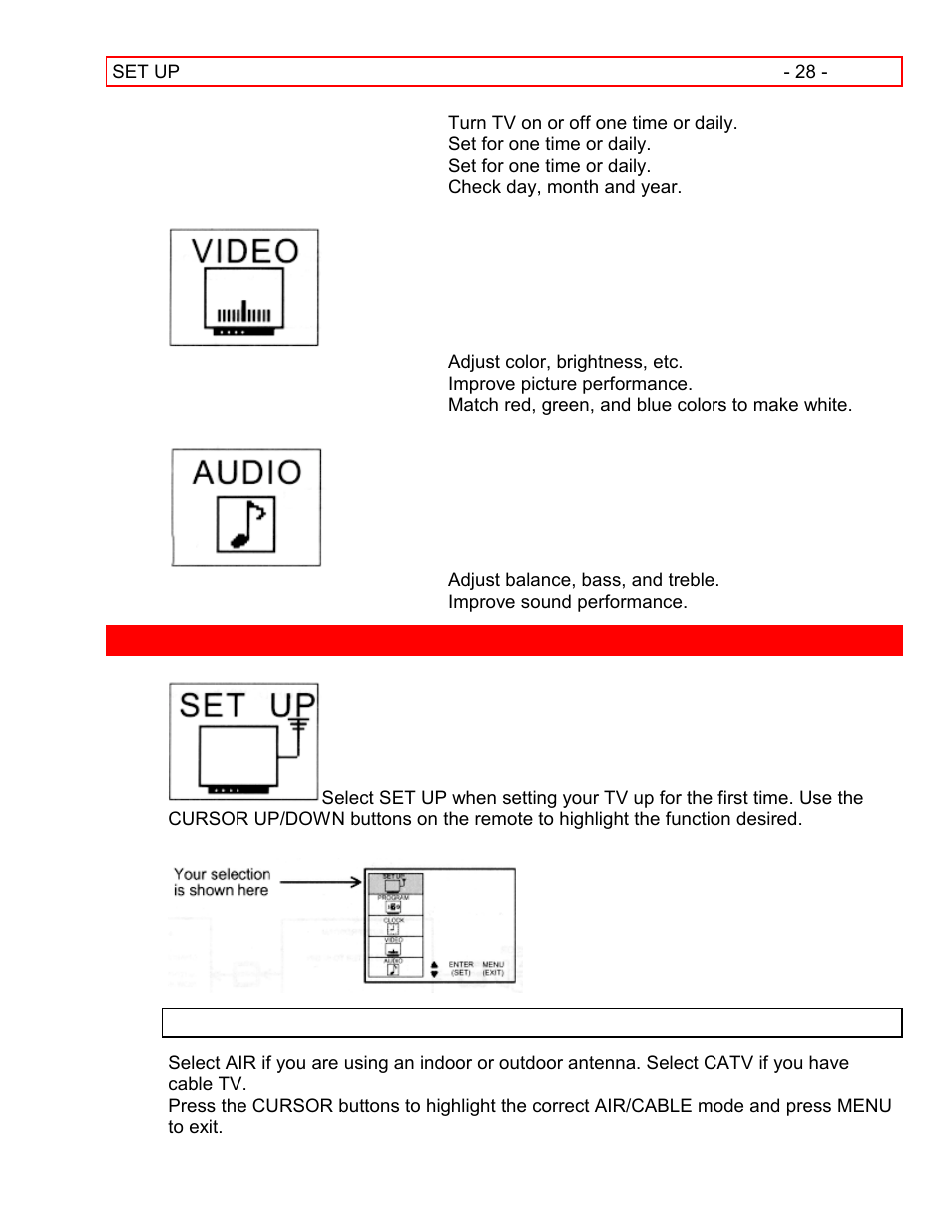 Set up, Air/cable air | Hitachi 55EX15K User Manual | Page 28 / 44